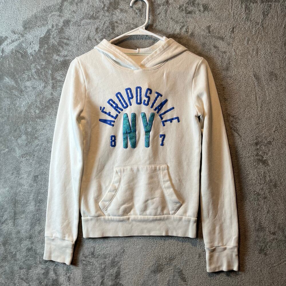 Aeropostale Y2K White Cotton NY 87’ Glitter‎ Letters Hoodie Women's Size XS